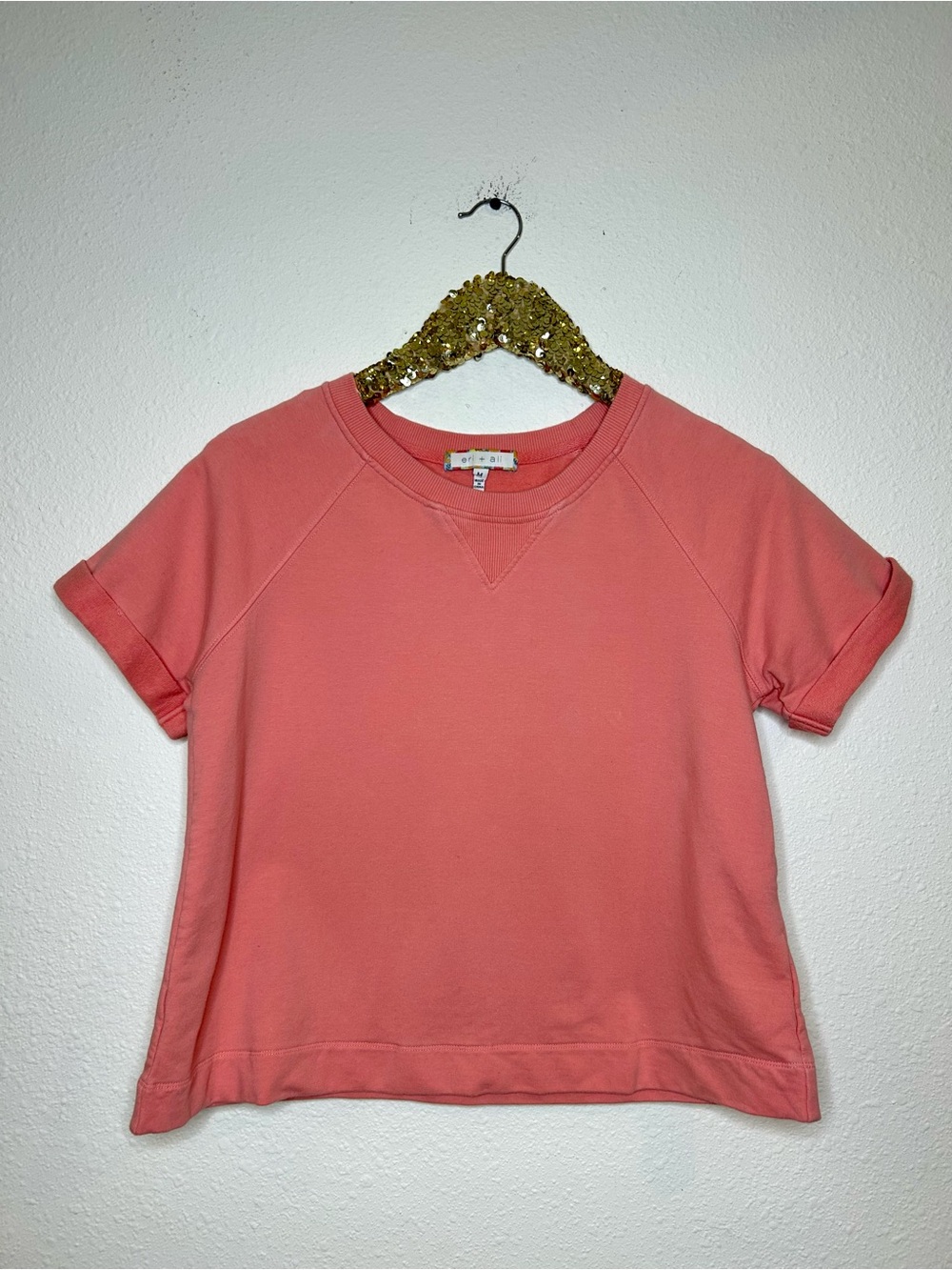 Anthropologie Eri + Ali Women's Short Sleeve Coral Sweatshirt Tee M